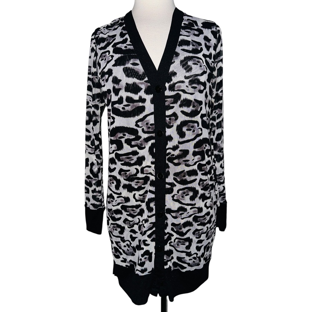 ND1 Chicos Animal Print Cardigan Duster Black Gray White Long Sleeve Small